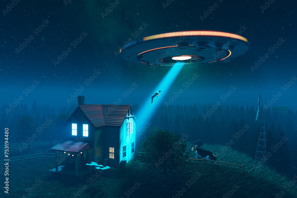 Alien flying saucer kidnapping innocent human using light beam through a window.