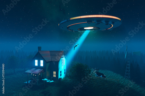 Obraz na płótnie Alien flying saucer kidnapping innocent human using light beam through a window. w salonie