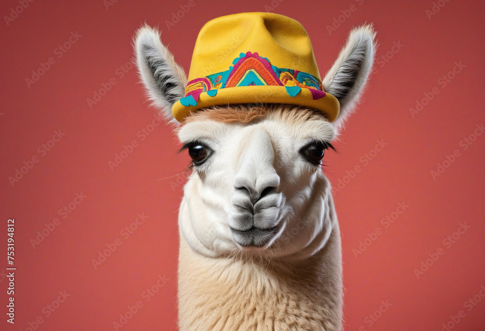 Llama wearing colourful traditional hat on a red yellow background