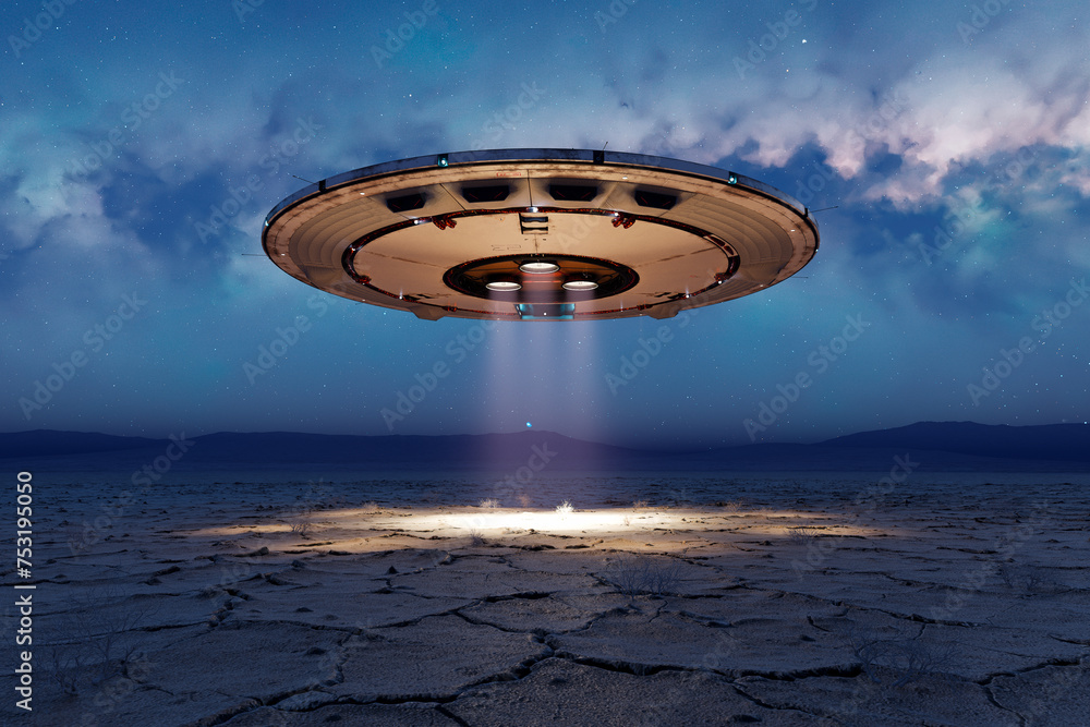 Alien invasion Circular shiny metal flying saucer over the empty desert at night