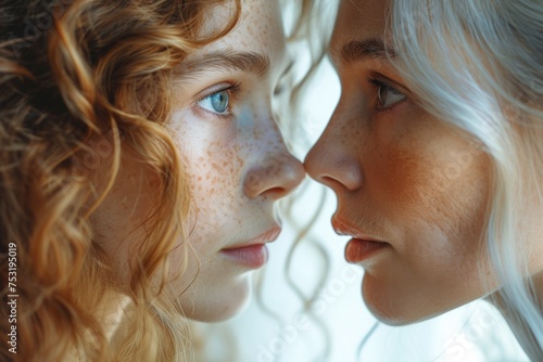 The face of a young girl and an elderly woman with wrinkles. The concept of aging and skin care