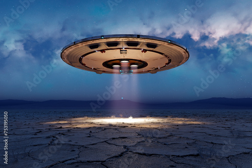 Obraz na płótnie Alien invasion Circular shiny metal flying saucer over the empty desert at night w salonie