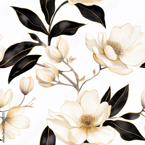 White and Gold Magnolia flowers seamless pattern on the white background. Watercolor botanical illustration.
