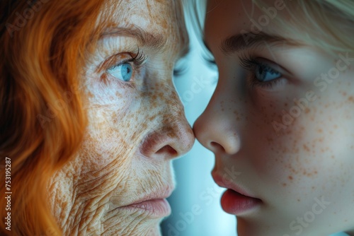 The face of a young girl and an elderly woman with wrinkles. The concept of aging and skin care