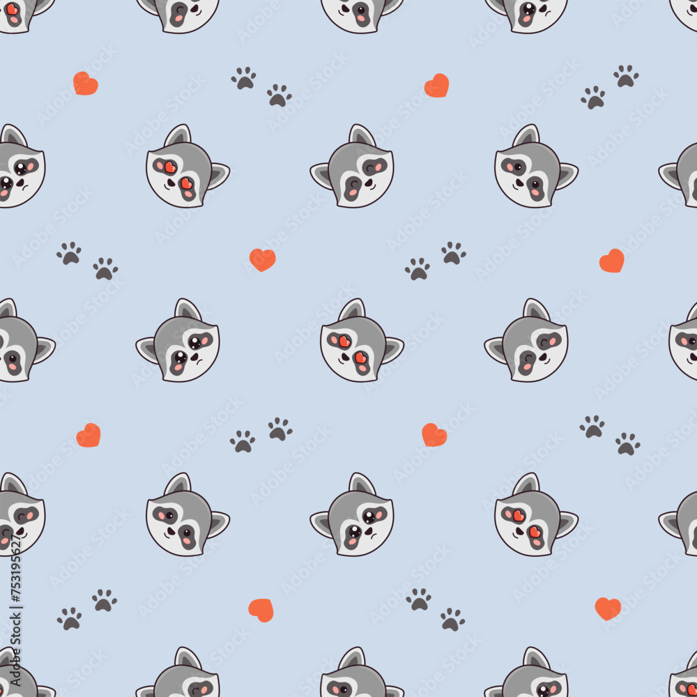 Vector seamless pattern with cute raccoons, hearts love and footprints on blue background Vector seamless pattern with cute raccoons, hearts love and footprints on blue background