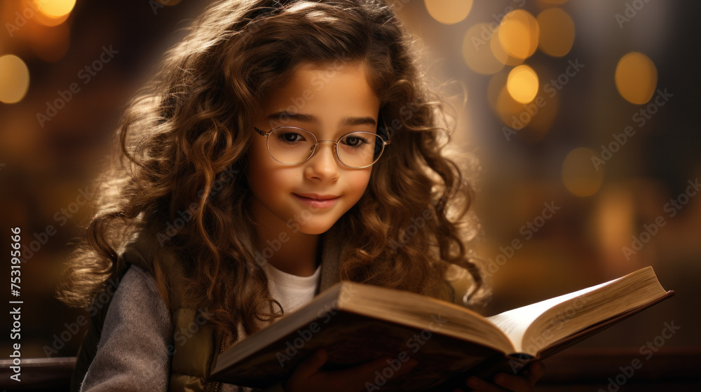 Student little girl reading with book indoors with lights on background Student little girl reading with book indoors with lights on background