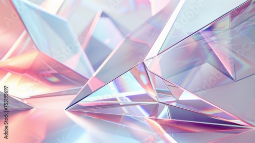 A soft pastel holographic composition with sharp triangular facets catching the light. photo