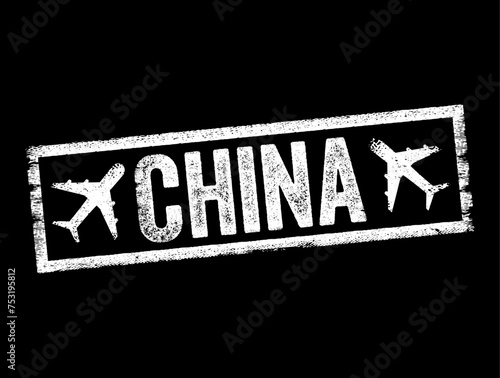 CHINA text emblem stamp with airplane, concept background