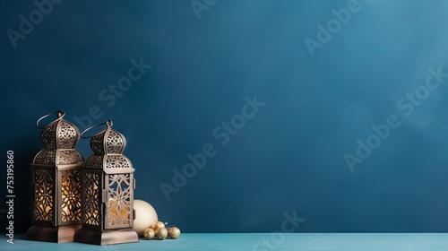 Traditional arabic cultural elements: lantern, quran, and misbaha arranged on blue background in flat lay composition - space for text 