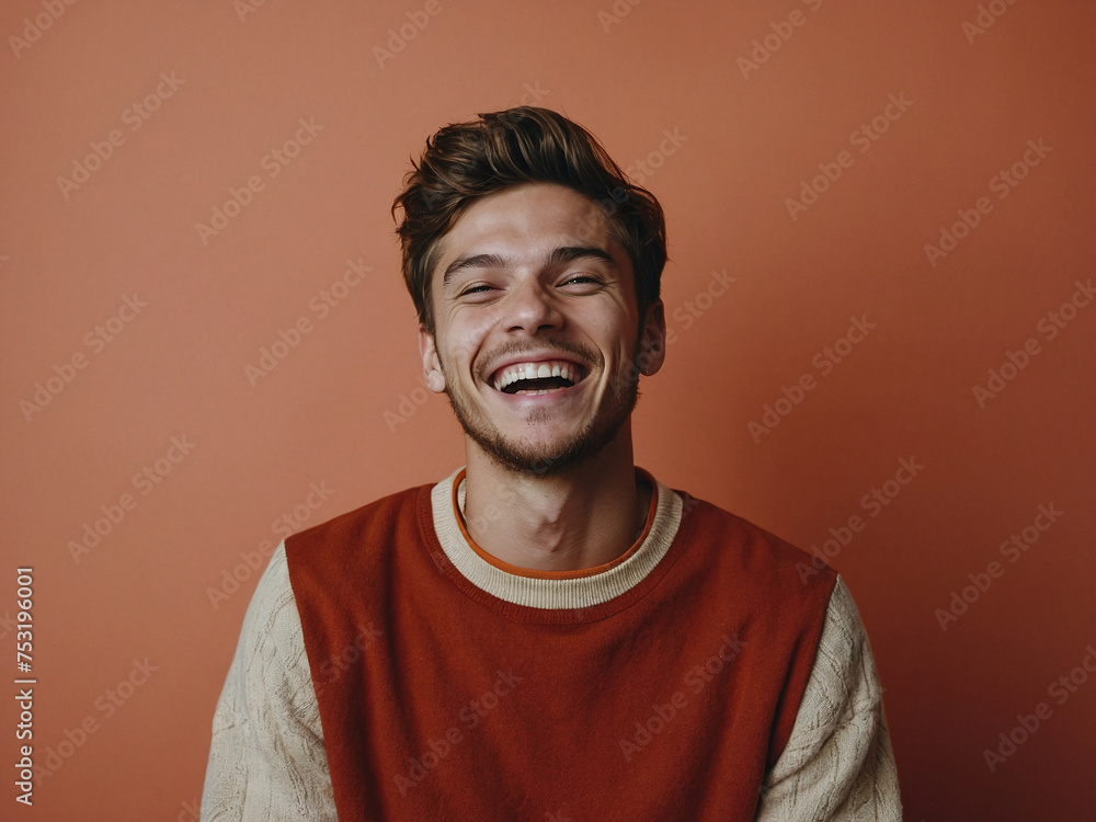 Funny smiling funny young man laughs at the camera, photo studio, Joy Unleashed, The Infectious Laughter of a Dashing Young Man, Maroon background