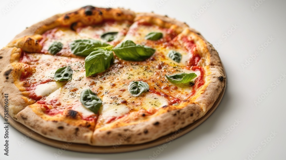 A Margherita pizza, generously topped with lush basil leaves, melted mozzarella, and rich tomato sauce, served on a wooden board against a white backdrop, highlighting the fresh ingredients.