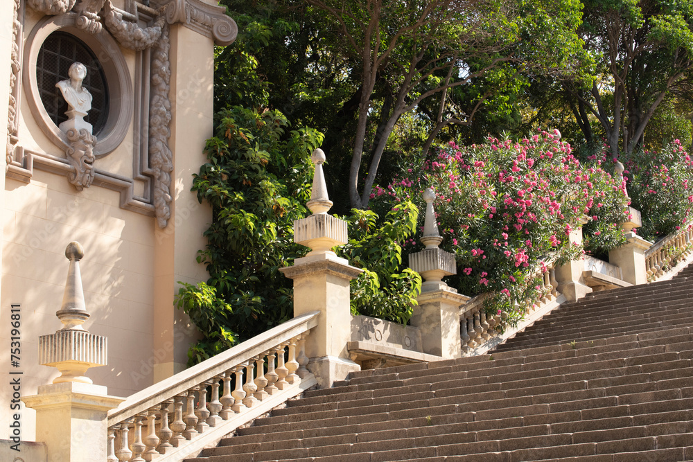 Fototapeta premium Architectural details along stairway leading away from Plaça d'Espanya in Barcelona towards the National Art Museum.