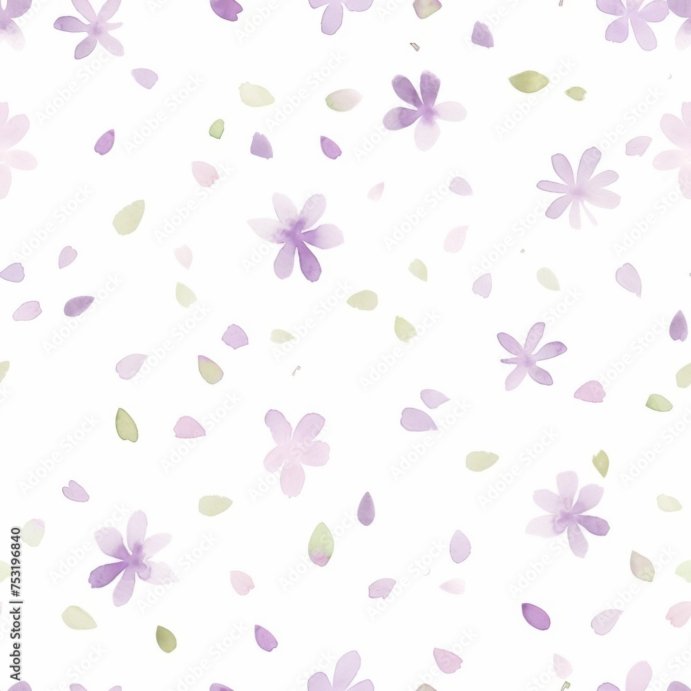 A light and airy watercolor pattern featuring pastel lilac flowers scattered across a clean white background, ideal for a subtle and elegant design touch.