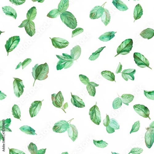 A playful and organic seamless pattern of scattered mint leaves, perfect for refreshing and nature-inspired design projects.