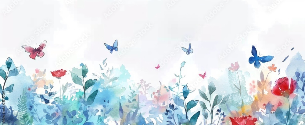 Fototapeta premium Watercolor Spring Garden with Butterflies Banner