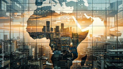 Africa's growth potential. Double Exposure of Africa Map and Bustling Cityscape