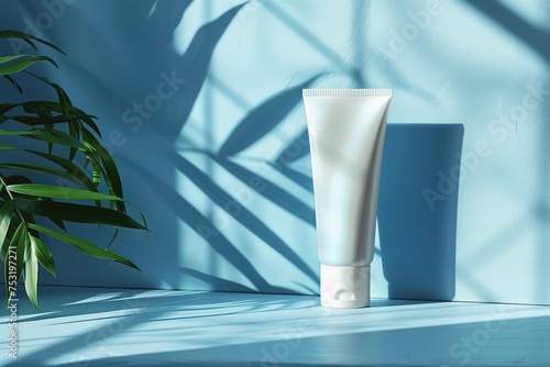 A white empty mockup of a plastic cosmetic tube stands near a blue wall with the shadow of palm leaves on it