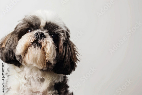 A Shih Tzu dog poses elegantly against a pristine white backdrop