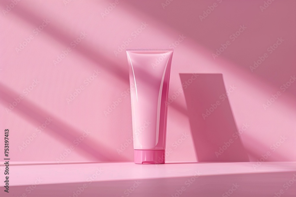 An empty mockup of a plastic cosmetic tube on a pink wall with leaves shadow background An empty mockup of a plastic cosmetic tube on a pink wall with leaves shadow background
