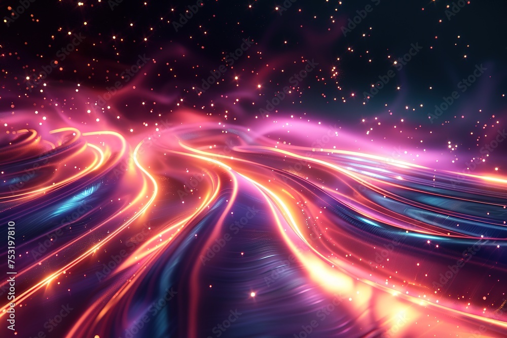 Abstract illustration space distortion waveform in neon purple and yellow colors flowing through the galaxy Abstract illustration space distortion waveform in neon purple and yellow colors flowing through the galaxy