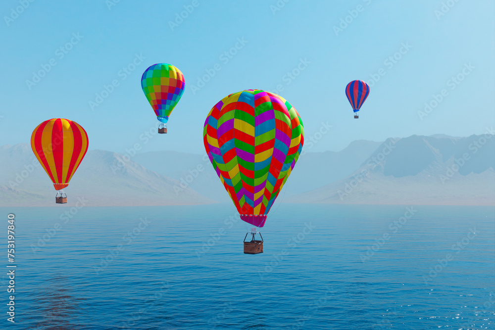 Fototapeta premium Multi-colored hot air balloons over the lake surrounded by mountains. Blue sky.