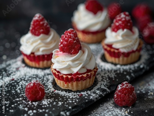 Close-up of delicious mini tartlets with fresh natural raspberries and whipped cream