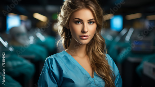 Doctor / surgeon shocked - funny. Woman closeup portrait of young doctor, surgeon or nurse surprised starring with big eyes wearing surgical mask. Asian / Caucasian female model. photo