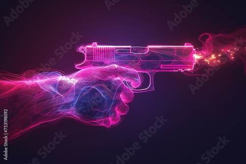 Abstract illustration of a hand with a pistol with smoke after shot in purple and blue neon colors
