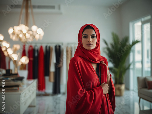 Smiling portrait of an Arab abaya wearing fashion designer at her office