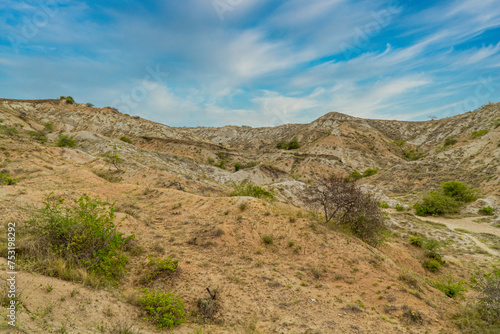 Panoramic landscape on the Los Hoyos trail. Dunes and mountains that form labyrinths. Desierto de la Tatacoa, Colombia. © camaralucida1