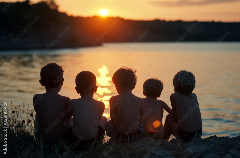 Four young boys sit by a lake, enjoying the serene sunset together, creating a nostalgic and warm atmosphere Four young boys sit by a lake, enjoying the serene sunset together, creating a nostalgic and warm atmosphere