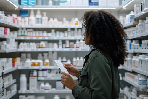 A woman standing in front of a pharmacy shelf, holding a prescription and looking at the labels of different medicine bottles.