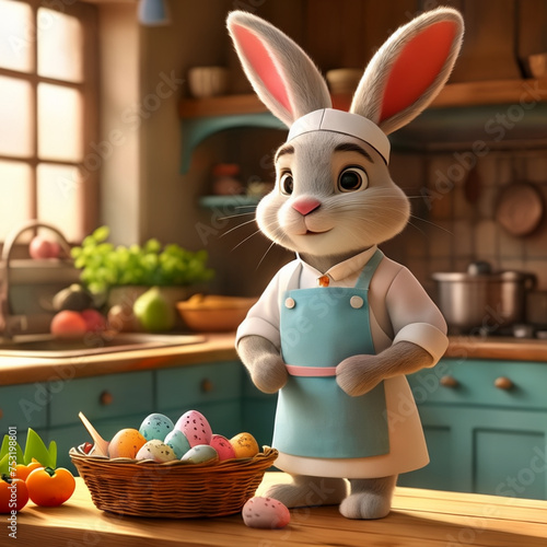 Cute Easter bunny in 3D cartoon style in a kitchen dressed as a cook