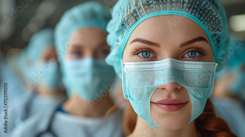 Close-up portrait a young female doctor in a protective medical mask and hat. Hispanic woman looking at the camera