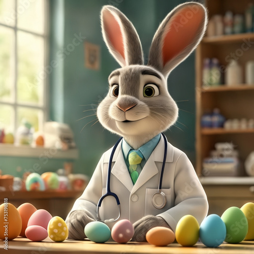 Cute Easter bunny in 3D cartoon style in a hospital doctor's office working as a doctor and nurse