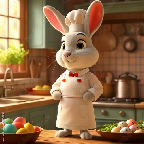 Cute Easter bunny in 3D cartoon style in a kitchen dressed as a cook
