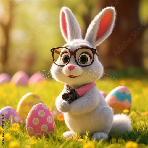 Cute Easter bunny in 3D cartoon style on a lawn working as a photographer with a camera in his hands and Easter eggs around