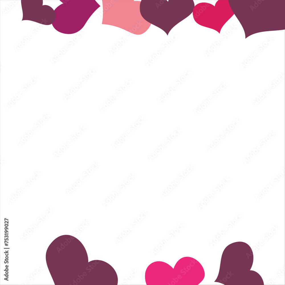 Bright hearts confetti corner frame on white background. Valentine's Day. Banner template. Space for text. illustration.