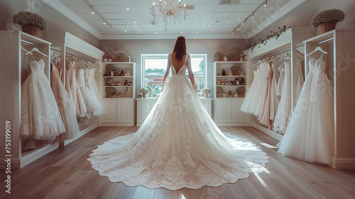 Die letzte Anprobe: Eine Braut im atemberaubenden Hochzeitskleid steht vor dem Spiegel in einem Brautmodengeschäft photo
