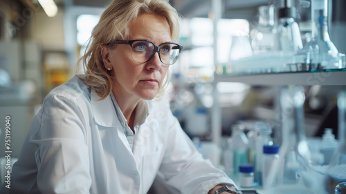 Focused Scientist Working in Laboratory.
Pensive female scientist with lab equipment in the background.