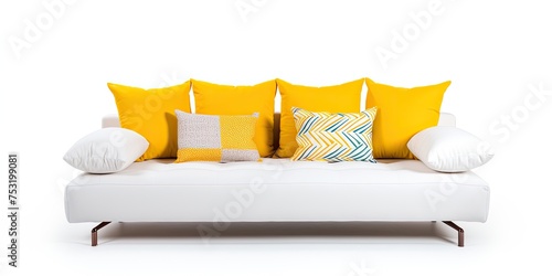 Isolated white sofa bed with armrests and cushions, front view. Three-seater with four yellow scatter pillows. photo