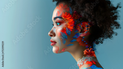 Portrait of woman with artistic red and blue face paint. Creative makeup and beauty concept. Design for fashion magazine, artistic expression, makeup artistry photo