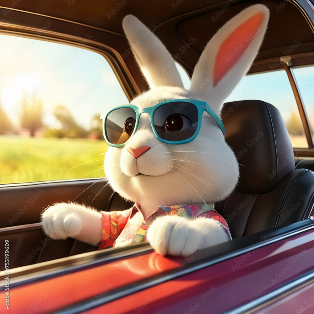 Rabbit wearing sunglasses inside a car on a sunny day
