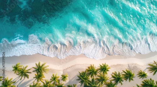 An aerial view captures the stunning beauty of a tropical beach, with crystal-clear turquoise waters meeting a pristine sandy shore, lined with lush green palm trees. © Thanaphon