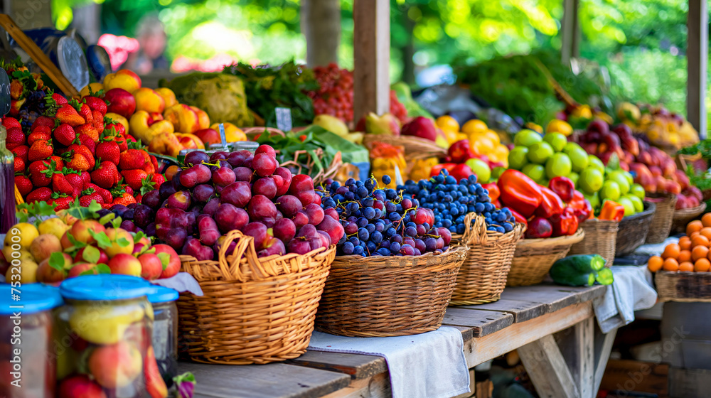 vibrant display of assorted fruits in baskets at a farmers market with lush greenery