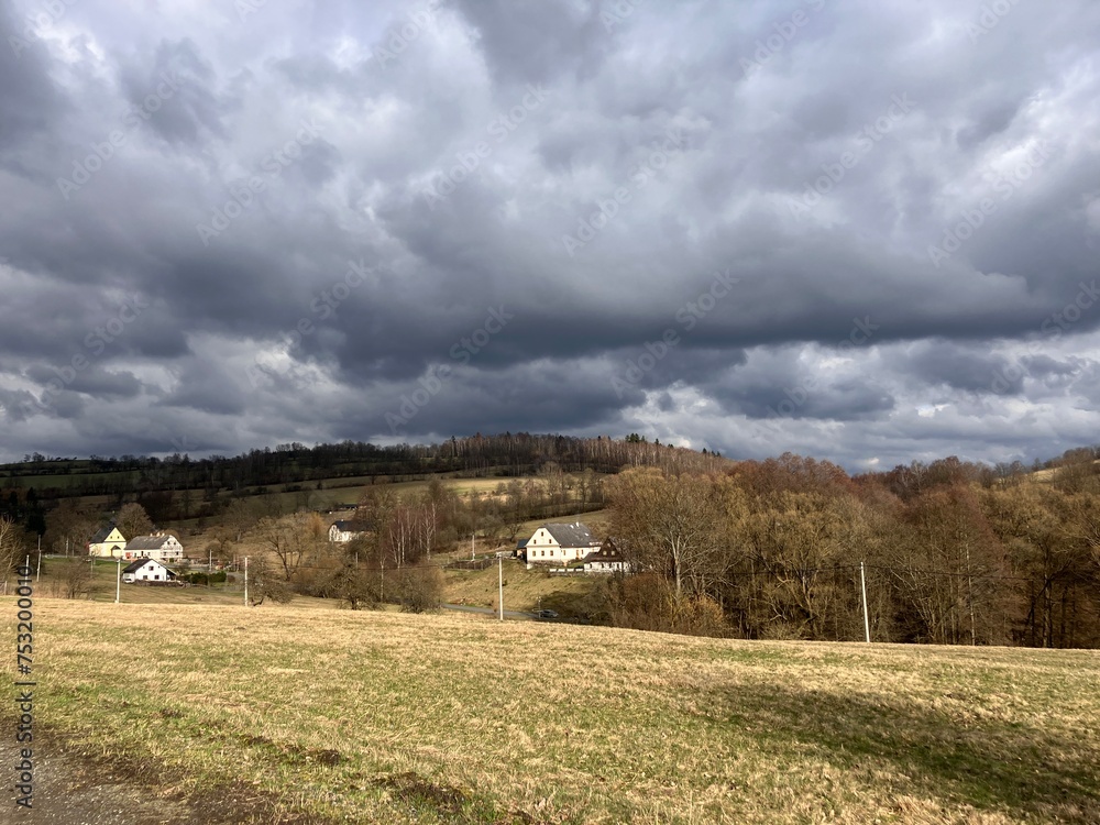 Fototapeta premium Zleb, Hanusovice, Czech 4 March 2024: beautiful Czech nature and the village of Zleb in the Czech mountains