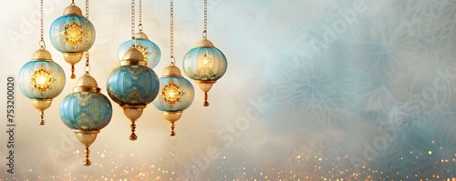 Blue and Gold Lights and Decorations with Asian-Inspired Motifs, To provide a festive and celebratory image for the Ramadan festival, incorporating
