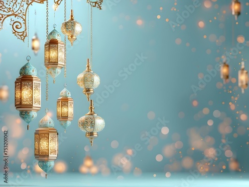 Golden Hanging Lanterns on Light Blue Background, To add a touch of luxury and elegance to interior design or home decor projects, or to create a photo