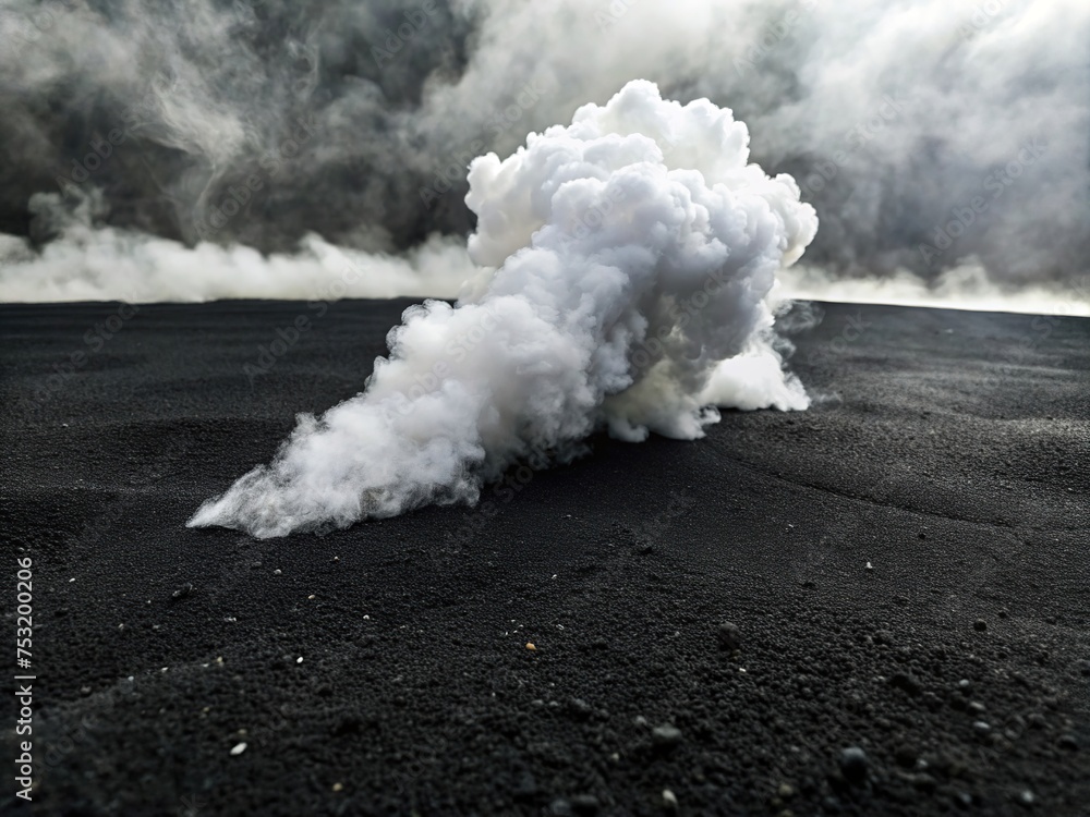 Fototapeta premium The plain black sand floor has white smoke clouds contrasting with the white generative ai