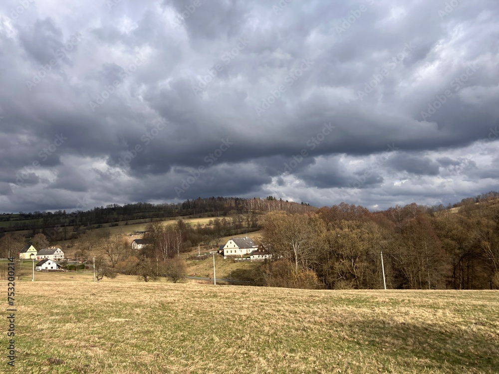 Obraz premium Zleb, Hanusovice, Czech 4 March 2024: beautiful Czech nature and the village of Zleb in the Czech mountains